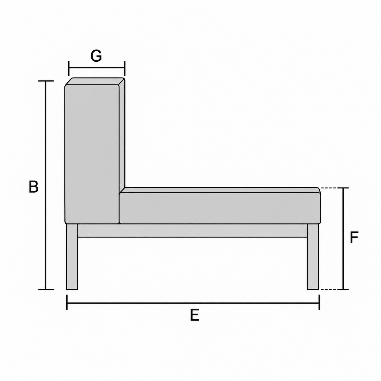 Vue de profil Vue de profil : hauteur totale B, profondeur E, hauteur d’assise F et épaisseur G