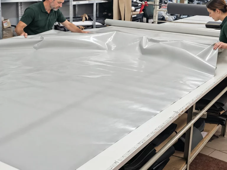 Travail de la toile PVC sur une table de confection