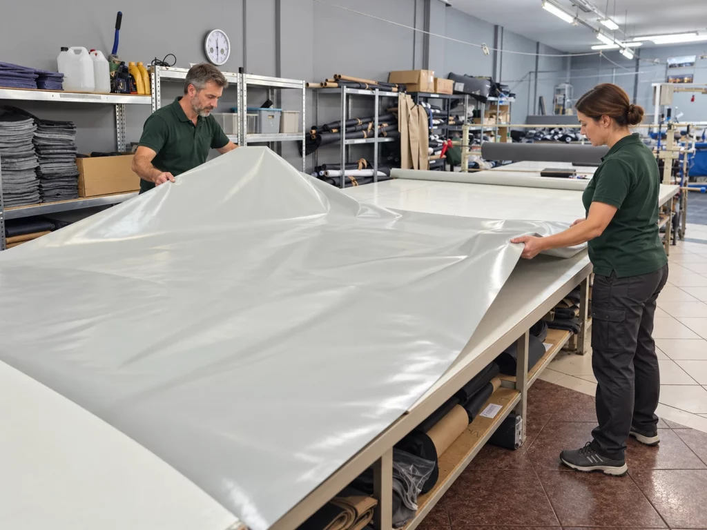 Vue d’ensemble de la confection d’une bâche PVC en atelier