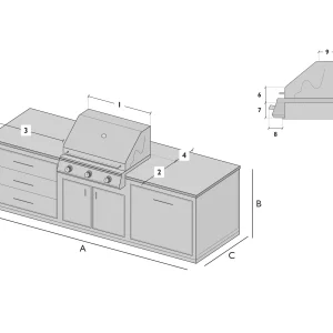 Schéma de mesure d’une cuisine extérieure avec barbecue encastré sur mesure, sans mur : dimensions A, B, C et repères 1 à 9 pour le gril.