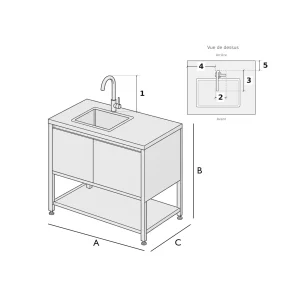 Schéma de mesure pour housse de meuble évier extérieur avec robinet sur mesure — A, B, C et repères 1 à 5