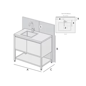 Schéma de prise de mesures d’une cuisine extérieure avec robinet contre un mur : dimensions A, B, C et repères 1 à 5